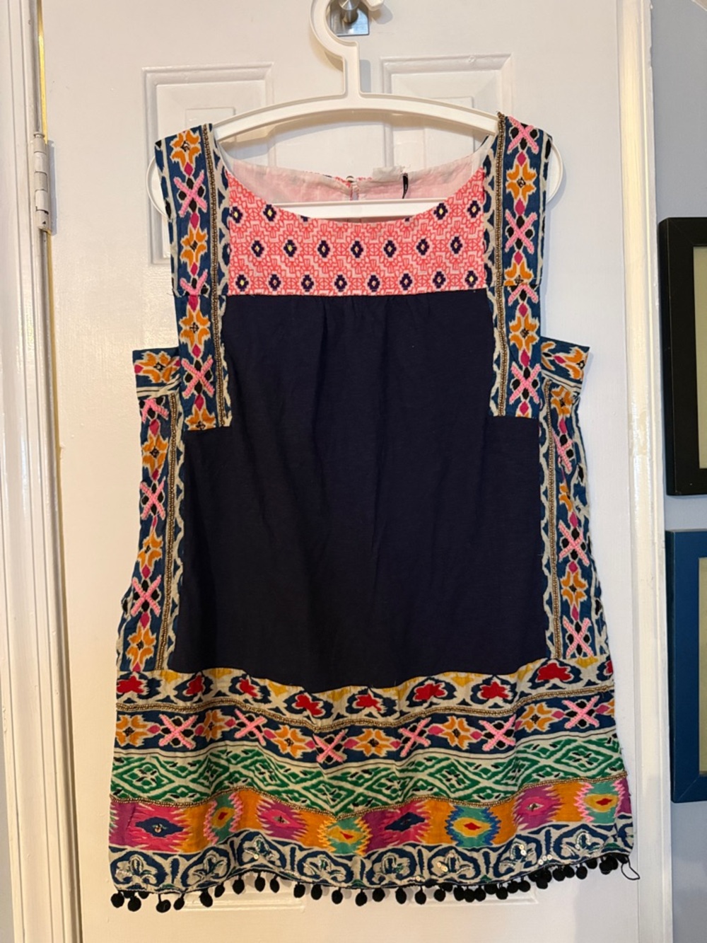 Anthropologie Navy Tunic with Pink, Yellow & Green Embroidered Trim